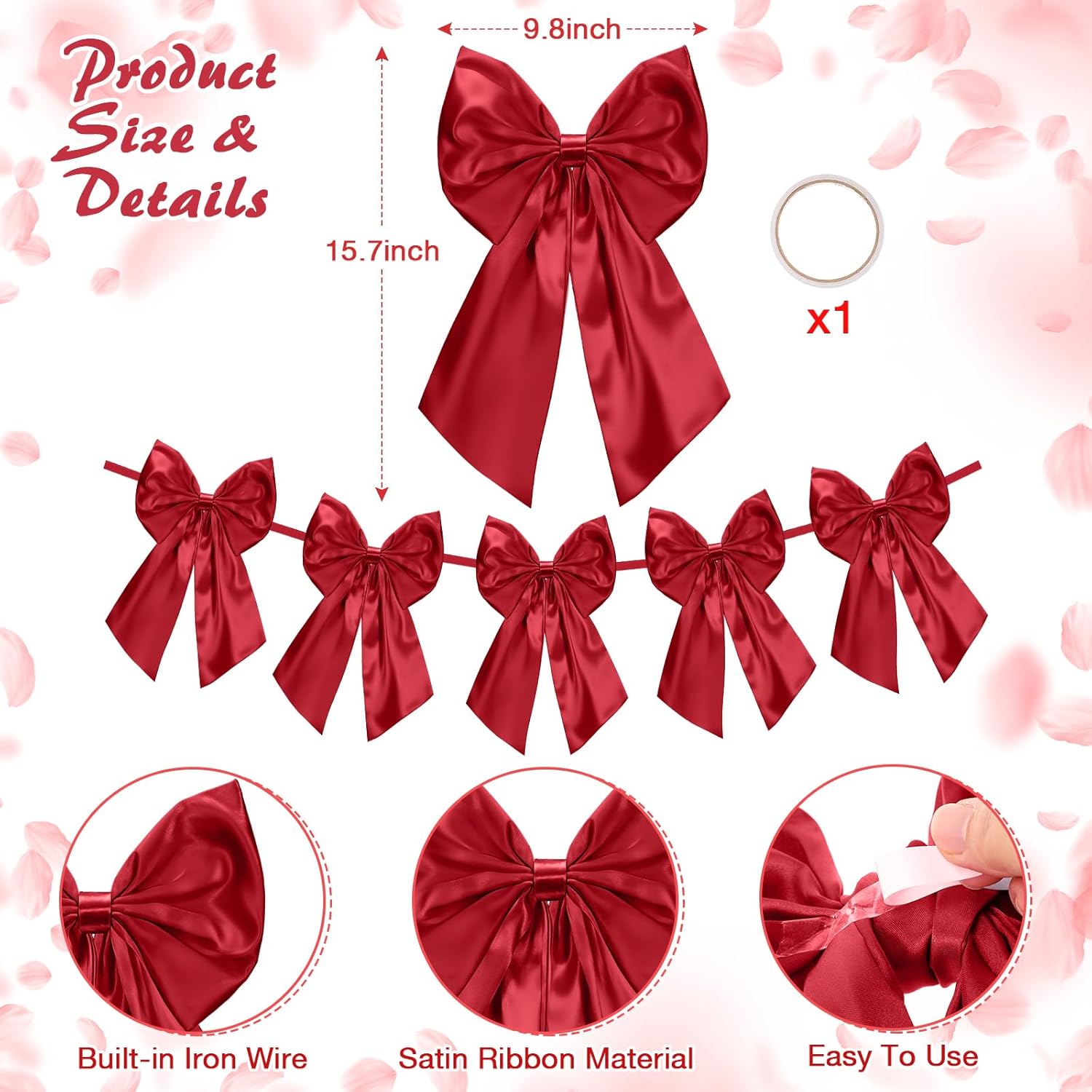 Suncalla 6 FT Burgundy Valentine's Day Bow Garland - Pre-Strung Party Banner with 10-Inch Bows for Weddings & Celebrations