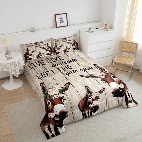 Manfei Donkey Comforter Set Full Size, Floral Animal Theme Quilt Set with 2 Pillowcases, Rustic Farmhouse Bedding Set 3pcs for Kids Boys Girls Bedroom Decor Grey Wooden Board Duvet Insert