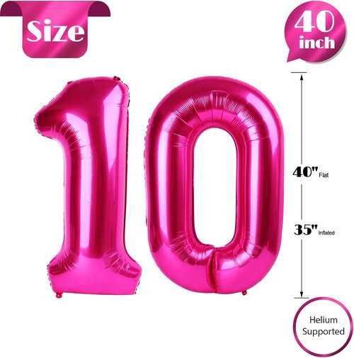 Hot Pink Number 10 Balloons - 40 Inch Birthday Decorations for Girls | Perfect 10th Birthday Party Supplies