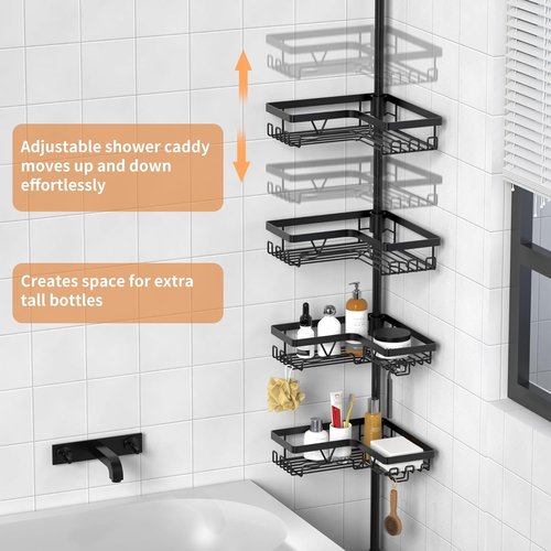 KEGII Black Shower Caddy - Adjustable Tension Pole Organizer with 2 Towel Bars | Rustproof Bathroom Storage 25–114.2 Inch