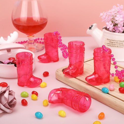 Sieral 12 Pcs Cowboy Boot Shot Glasses on Beaded Necklace Plastic Reusable Cowgirl Shot Boot Glasses Necklace Party Cups for Cowboy Cowgirl Bachelorette Carnival Western Birthday (Transparent Rose)