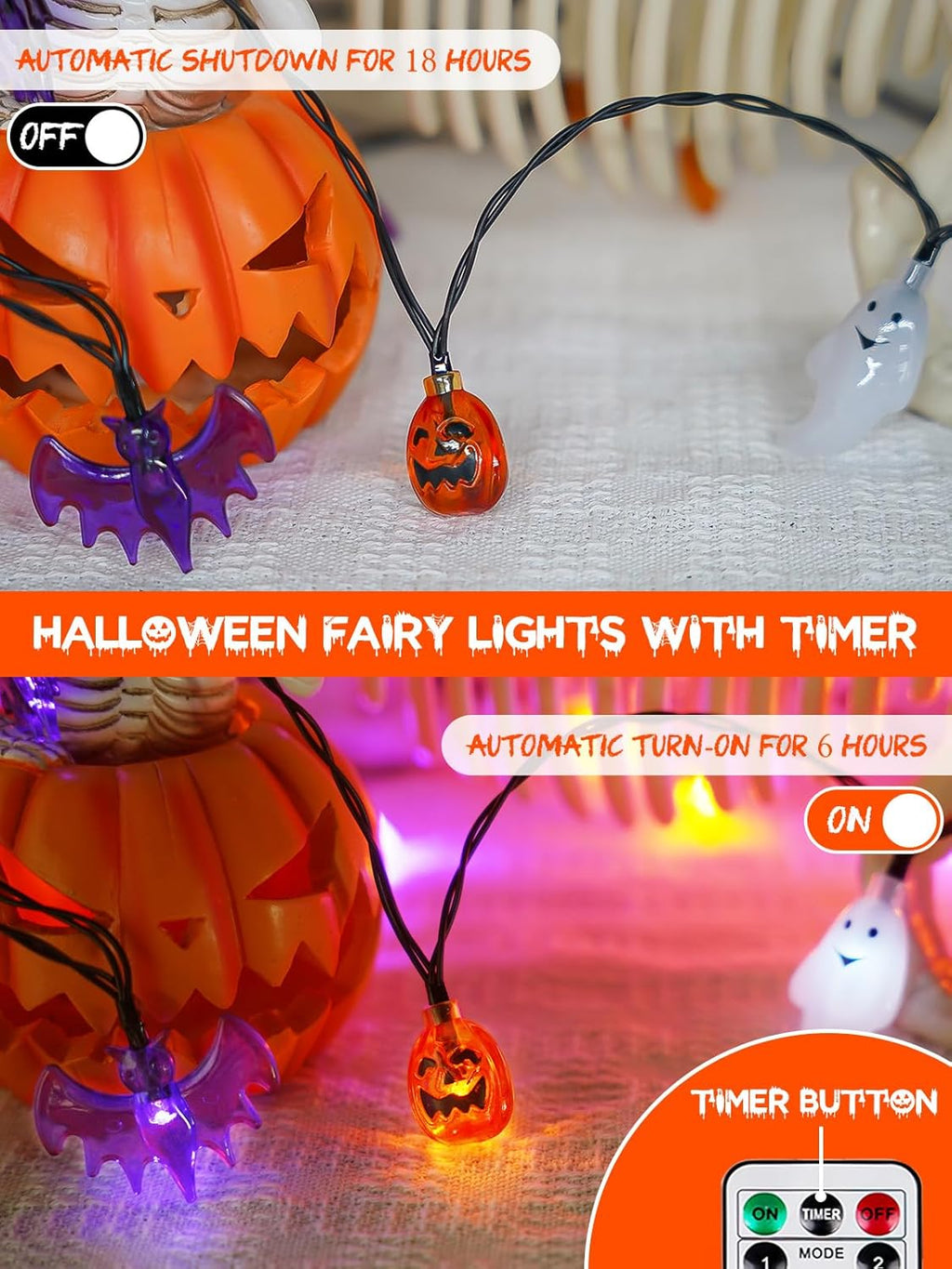 Skiennix Halloween String Lights - 30 LED 3D Pumpkin, Bat & Ghost Fairy Lights | Waterproof, Remote & Timer