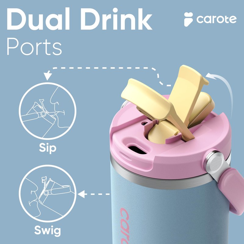CAROTE 30 oz Insulated Water Bottle with Handle & 32 oz Travel Tumblers with Straw, Leakproof Dual Drink Ports Lid, Double-Wall Stainless Steel Vacuum Insulated for Sports, School (Pink)