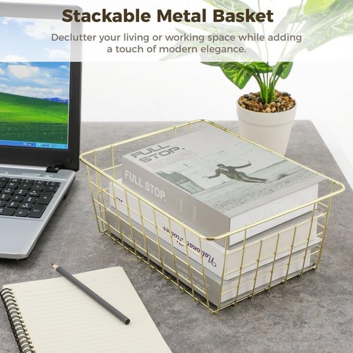 Homaisson 4 PCS Gold Wire Baskets, 10.9'' x 8.6'' x 4.6''Metal Storage Baskets, Wire Mesh Storage Organizers, Wire Baskets for Organizing, Metal Storage Bins for Pantry Kitchen Bathroom, Gold