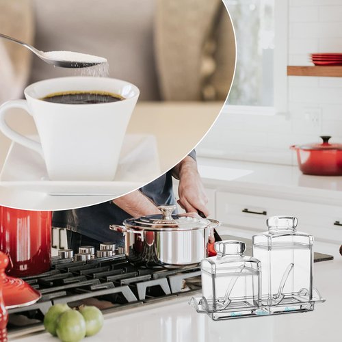 Beautyflier Sugar Bowl with Lid and Spoon and Rack, 2PCS Clear Acrylic Sugar Container for Coffee Bar Accessories, Tea, Kitchen Baking Countertop Canisters, 10/17oz Container Jar Dispenser Holder