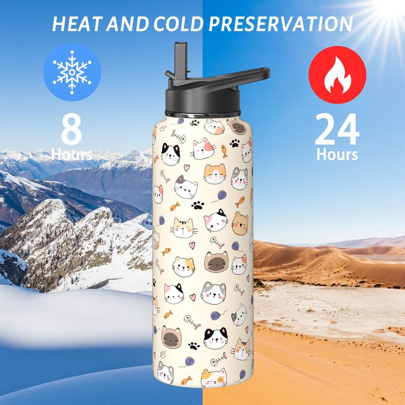 Sabobo 40oz Cats Water Bottles with Flip Straw & Spout Lid, Double Wall Stainless Steel Travel Sport Bottle, Cream Gym Gifts for Women Men (1PC)