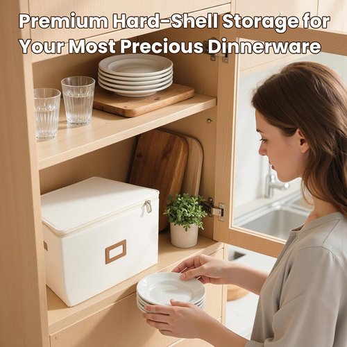 HOMELUX THEORY Hard Shell Storage Containers - 8pc Ivory Mug & Plate Boxes with Lids for Kitchen Organization