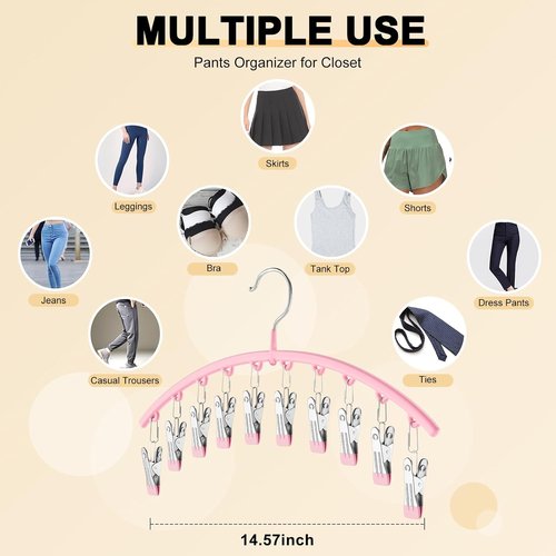 Metal Yoga Pants Hangers - Space-Saving Closet Organizer with 10 Clips for 10 Leggings | Pink