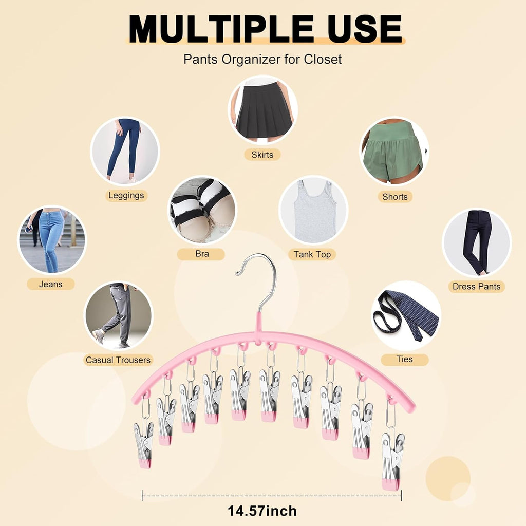 Skiennix Legging Organizer - Space-Saving Metal Yoga Pants Hangers, 4 Pack with 10 Clips, Pink