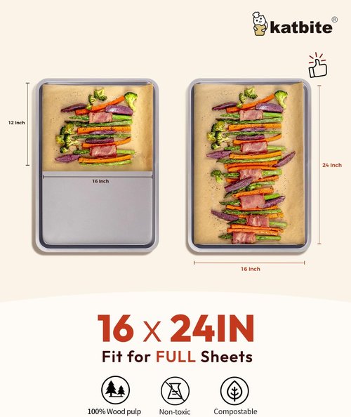 Katbite Parchment Paper Sheets - 16x24 Inch Non-Stick Precut Baking Paper | 100 Unbleached Sheets for Cooking & Grilling