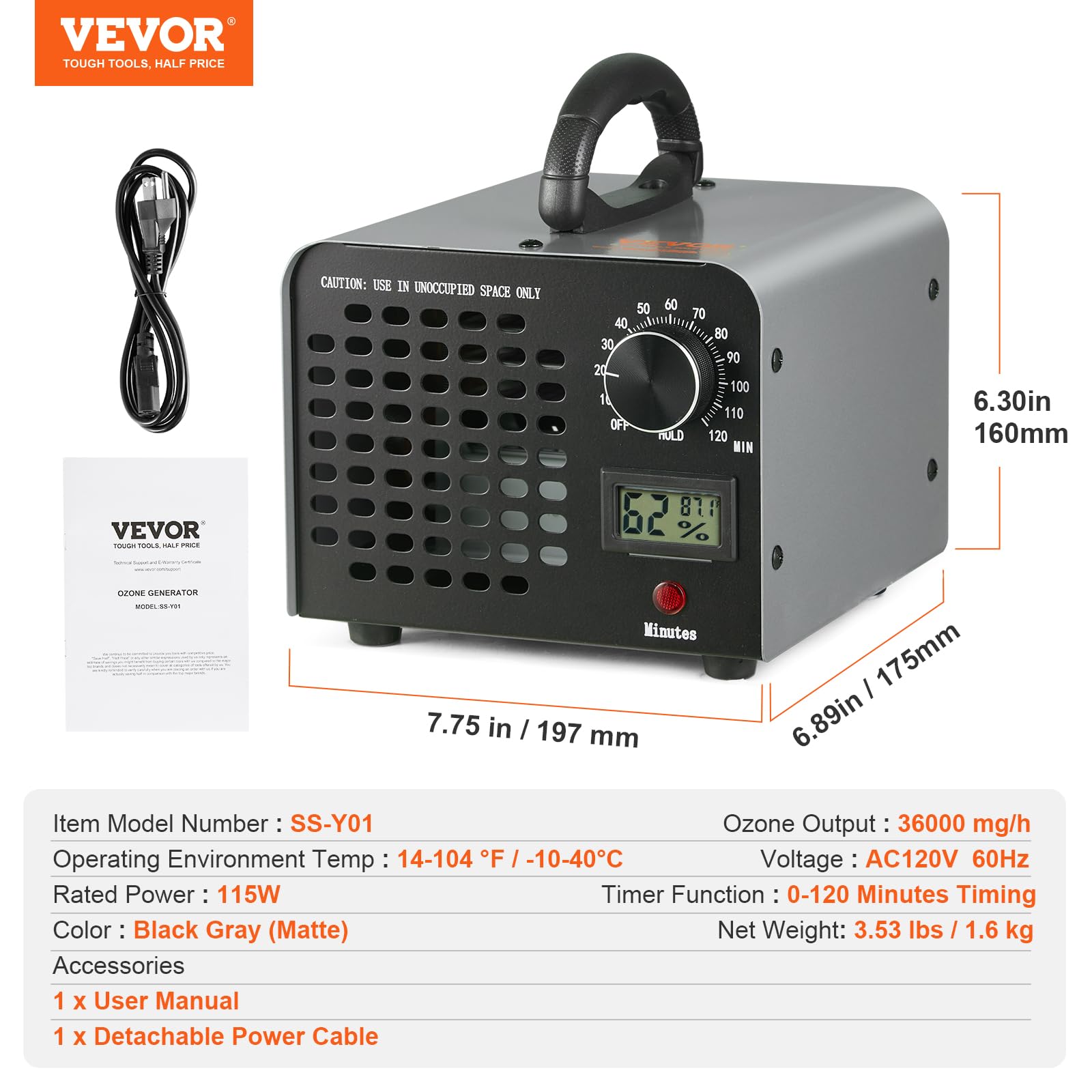 VEVOR Ozone Generator, 36000mg/h Ozone Machine, High Capacity Commercial/Industrial Ozone Generator Machine with 0-120 min Time Setting for Rooms, Cars