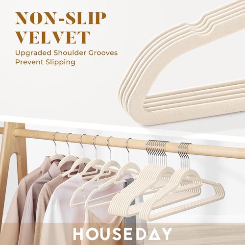 HOUSE DAY Velvet Hangers - Non-Slip Space-Saving 60 Pack in Ivory for Clothes, Pants, and Coats