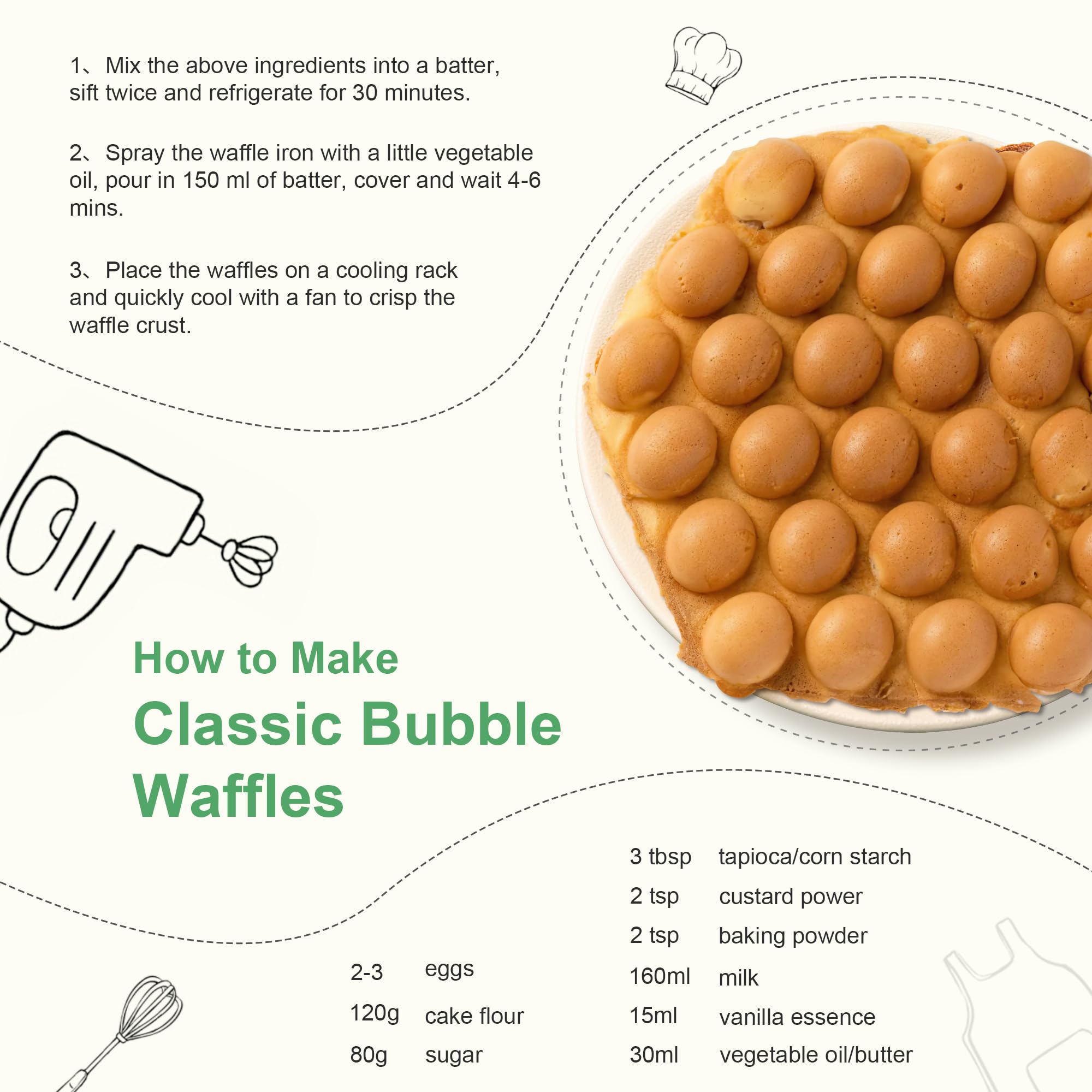 Bubble Waffle Maker, 1000W 7" Non-Stick Griddle, Hong Kong Egg Waffle Maker, Perfect for Creative Ice Cream Desserts