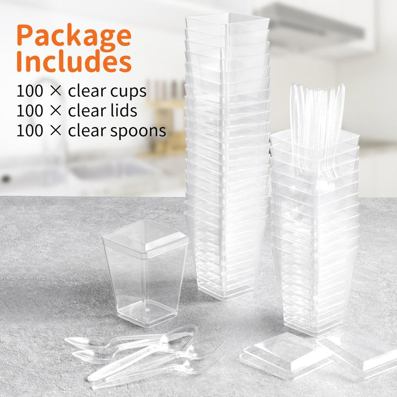 Soelomu 100 Pack 5 oz Plastic Dessert Cups with Lids and Spoons, Mini Parfait Cups Clear Dessert Shooter Cups for Banana Pudding, Jello, Fruit, Appetizer, Trifle