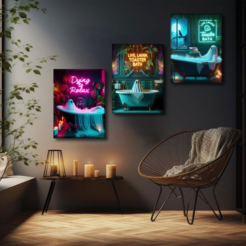 3 Pcs Framed Halloween Ghost Neon Bathroom Canvas Wall Art Neon Sign Dying To Relax Wall Decor Pictures Funny Gothic Ghost Toaster Posters Prints for Restroom Dark Humor indie room Home Decortion