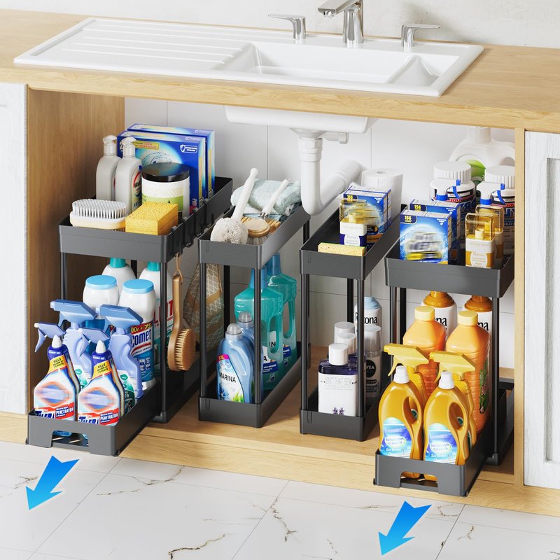 Delamu 3 Pack Under Sink Organizers and Storage, 2 Tier Black Bathroom Cabinet Organizer, Multi-Use Kitchen Bathroom Organizers and Storage, Under Counter Organizer with Hooks
