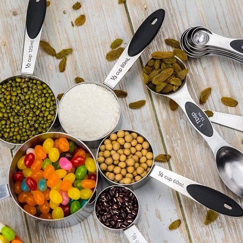 EDELIN Measuring Cups and Magnetic Measuring Spoons Set, Stainless Steel 5 Cups and 7 Spoons (Black)