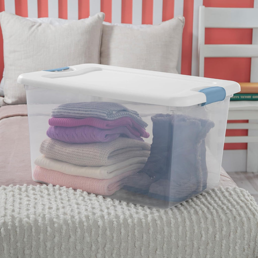Sterilite 64 Quart Latching Storage Bins - Clear Plastic Organizer with White Lids for Home & Dorm