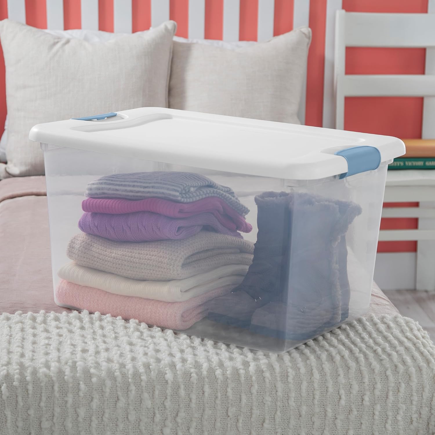 Sterilite 64 Quart Latching Storage Bins - Clear Plastic Organizer with White Lids for Home & Dorm
