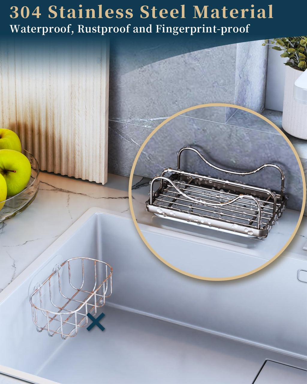 Consumest Sponge Holder for Kitchen Sink - Movable Sink Caddy for Countertop Organizer, 304 Stainless Steel Sponge Holder with Detachable Drip Tray for Kitchen Accessories, Sand Nickel