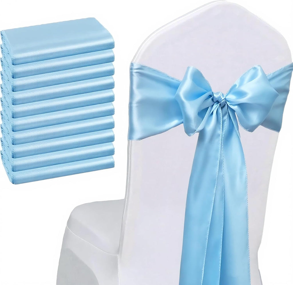 Skiennix Satin Baby Blue Chair Sashes - 50 Pack 7x108 Inches Light Blue Ties for Weddings & Parties