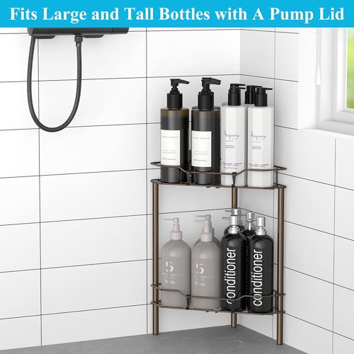 HuggieGems Corner Shower Caddy Organizer - 2 Tier Floor Stand with Hooks | Bronze Bathroom Shelf Rack