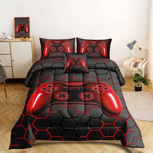 ROWADALO 6 Pieces Bed in A Bag Gamer Bedding Set for Boys Kids Adult Gaming Comforters Set,Boys Bed in A Bag Set Queen Size Comforter with Fitted Sheet Flat Sheet Pillowcase pillowsham,DJTH5027Queen