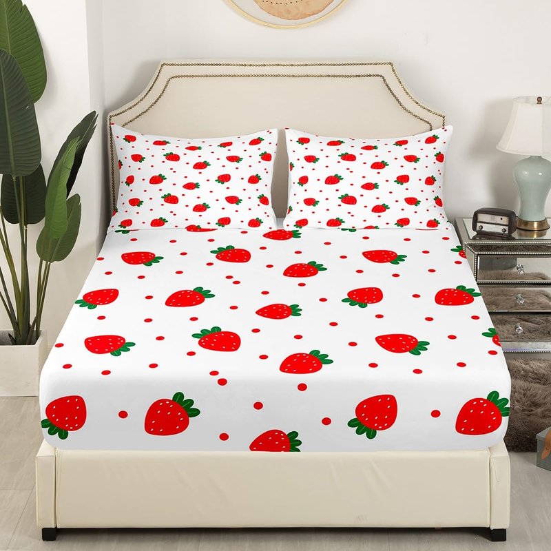 Cute Strawberry Bottom Sheet Full,Red Polka Dot Plants Nature Bedding Set 4pcs for Kids Teens Girls Bedroom Gift,Summer Fruits Sheet Set White Cartoon Fitted Sheet+Flat Sheet+2 Pillowcases