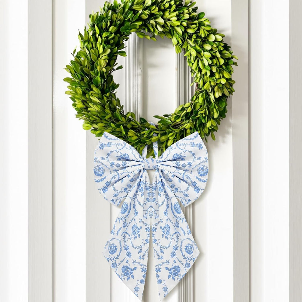 Suncalla Chinoiserie Wreath - Cute Flower Bow Front Door Hanger for Spring & Weddings | Blue Toile
