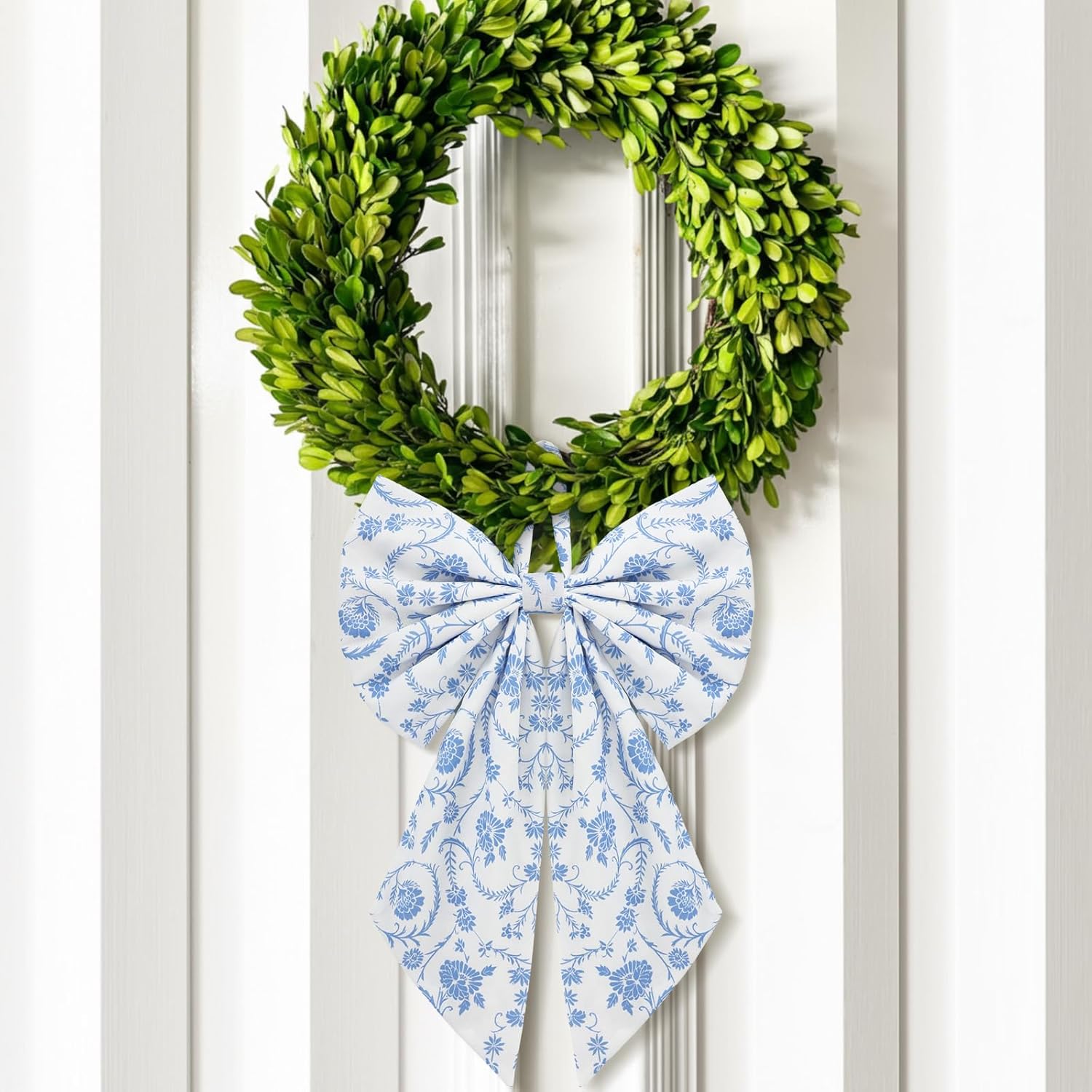 Suncalla Chinoiserie Wreath - Cute Flower Bow Front Door Hanger for Spring & Weddings | Blue Toile