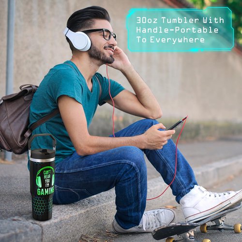 Jizrecly 30 oz Gamer Tumbler with Straw, 30oz Gaming Flip Straw Tumbler Insulated Coffee Travel Mugs Cup Water Bottle Gamer Gifts for Men Dad Boy Boyfriend