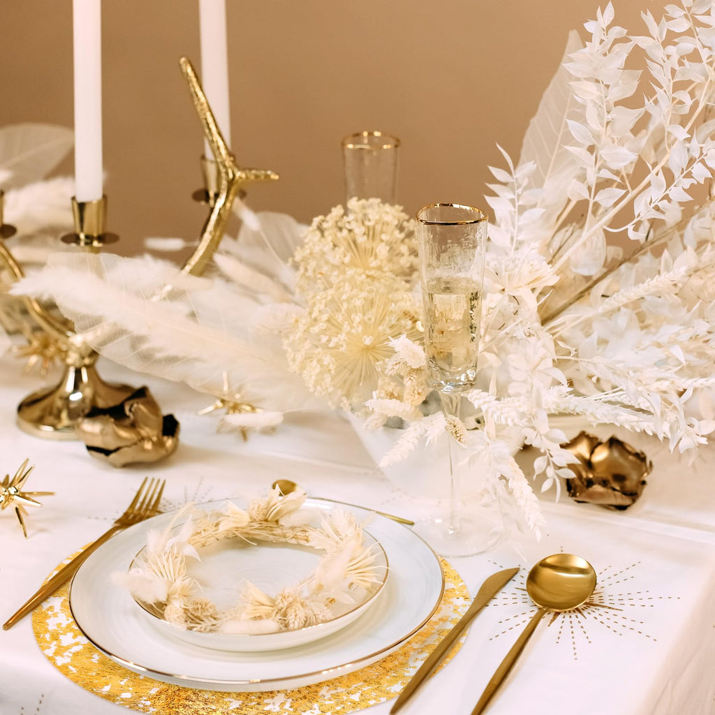 RZJSLSHANHAI 120 Pcs Disposable Gold Foil Placemats 13" Round Gold Foil Place Mats,Decorative Mesh Pressed Table Mates Glitter Foil Table Doilies Gold Metallic Thin Mesh Table Runner for Table Decor