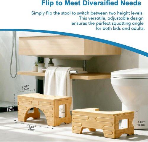 Bamboo Foldable Toilet Stool - Adjustable 7" & 9" Heights, Non-Slip Design for Kids & Adults | Compact & Space-Saving Natural Color
