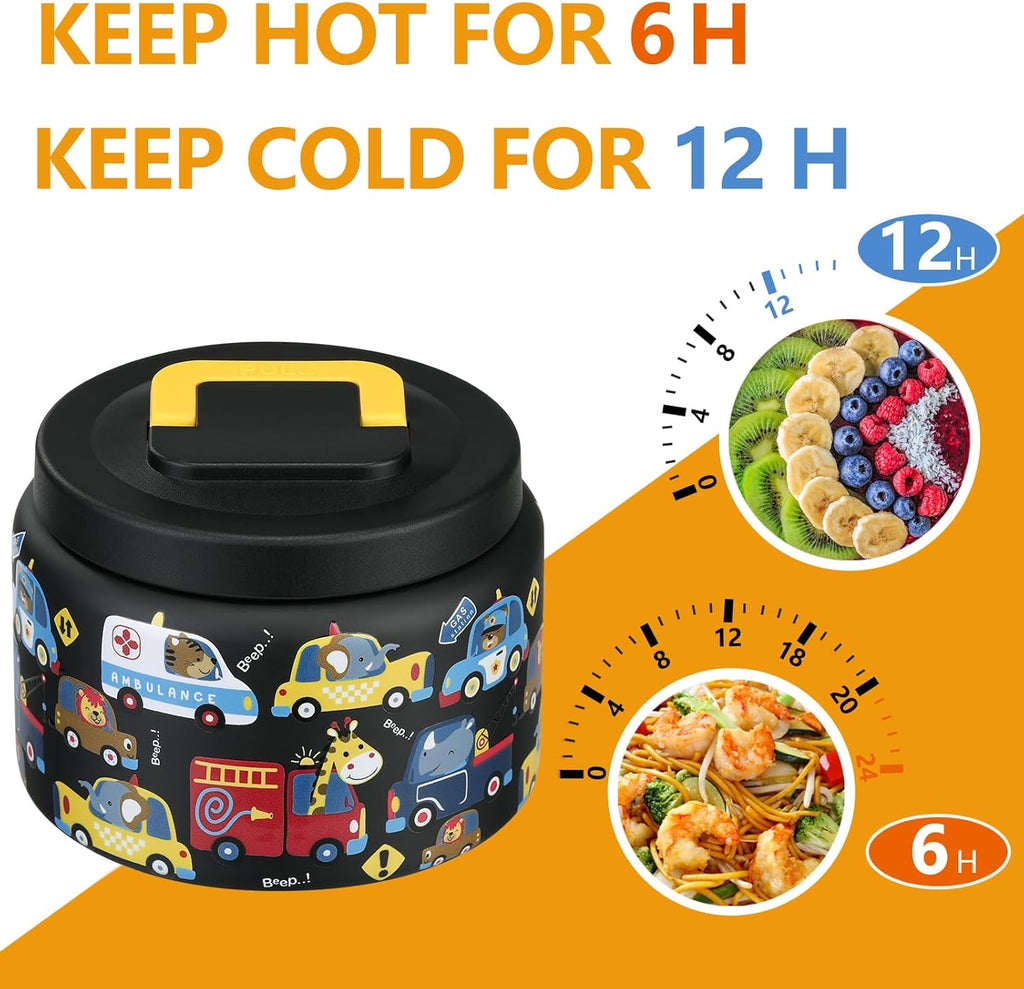 PIQUEBAR 8oz Kids Thermos - Stainless Steel Lunch Container with Easy Open Wide Mouth | Black Animal Truck
