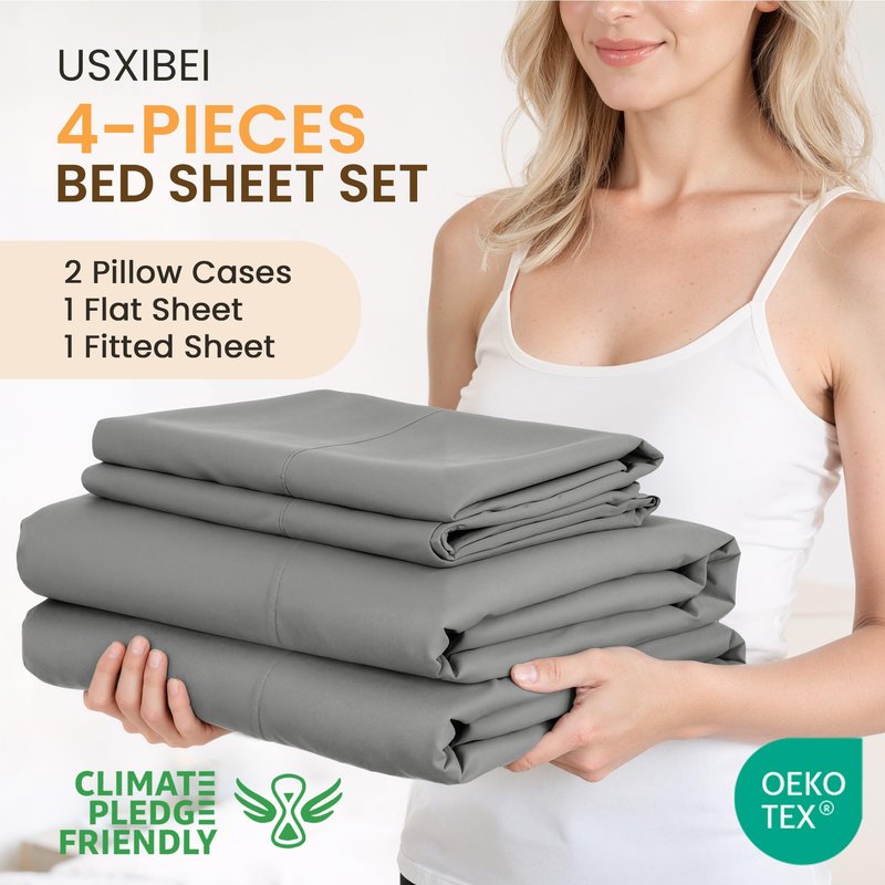 USXIBEI Queen Size 4 Piece Sheet Set - Comfy Breathable & Cooling Bed Sheets Set, Soft and Wrinkle Free, Deep Pockets, Easy & Secure Fit, Hotel Luxury Bedding for Women, Men - Oeko-Tex - Dark Grey