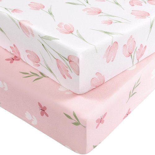 Baby Crib Sheets - Soft Breathable Microfiber Fitted Sheets for Standard Crib | 2-Pack Pink Tulips, 52" x 28"