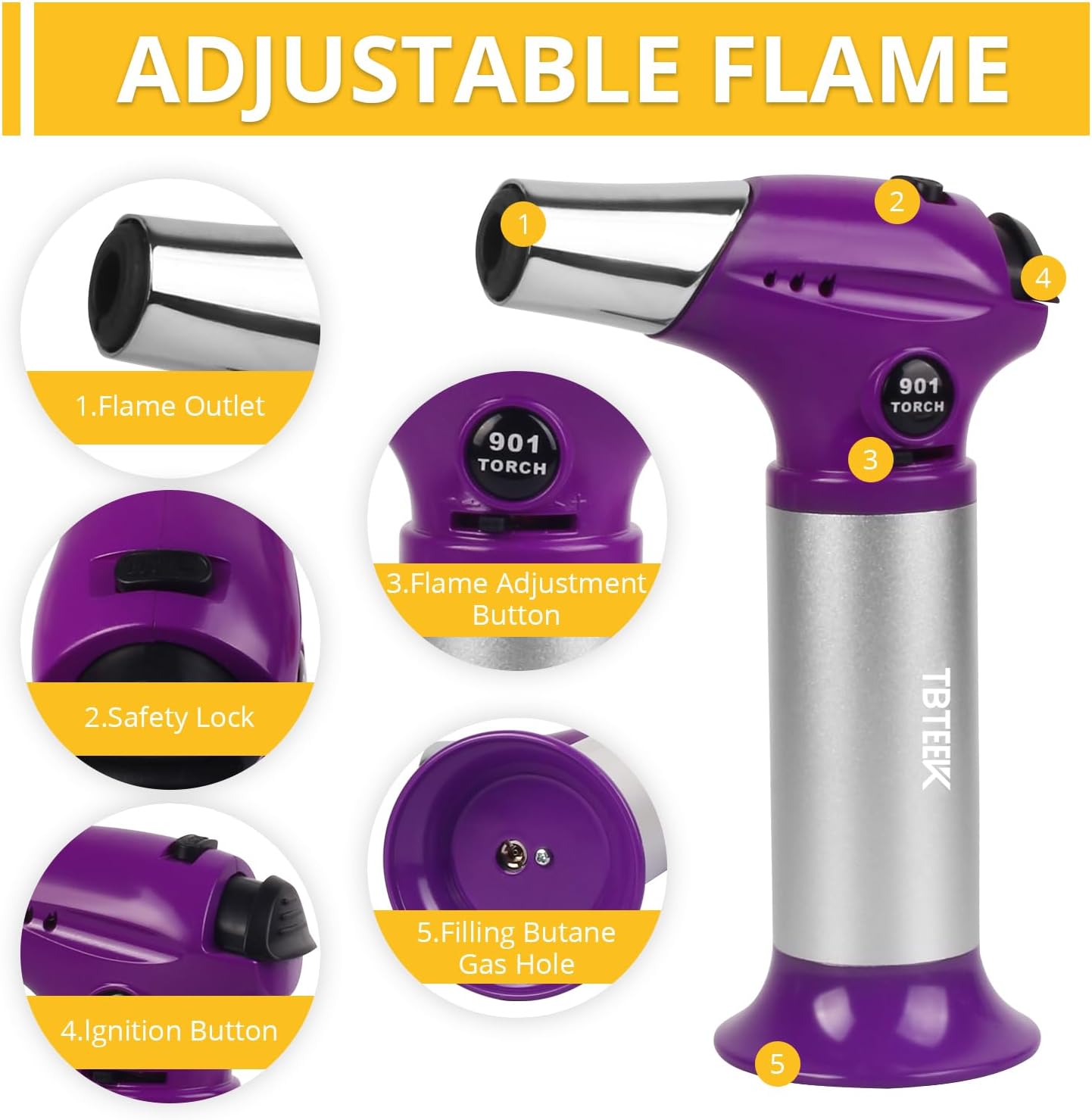 TBTEEK Butane Torch T901 - Adjustable Flame Kitchen Torch with Safety Lock for Cooking & Baking | Purple