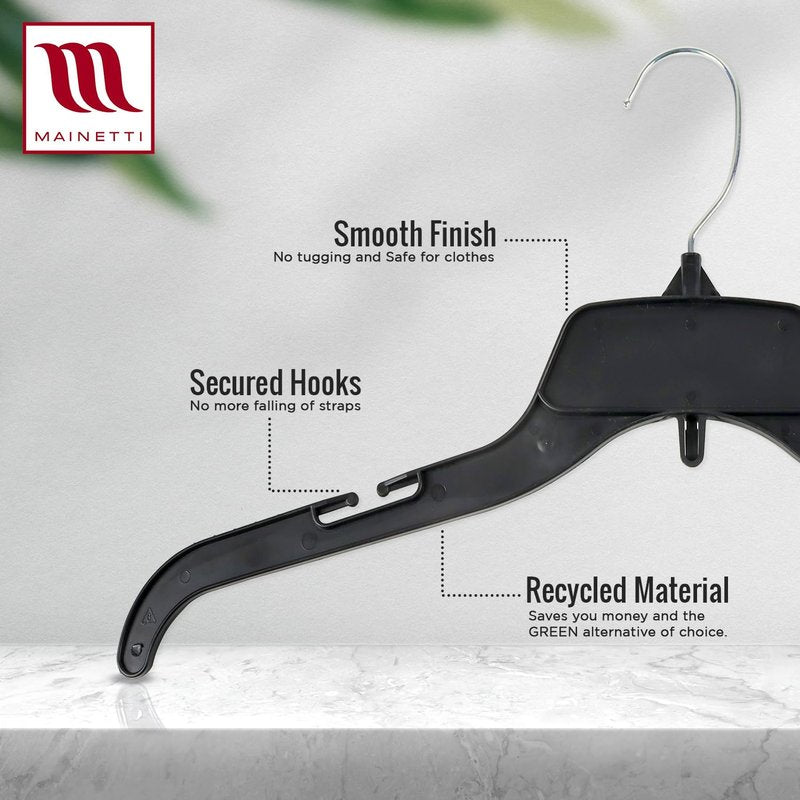 Mainetti Black Recycled Plastic Clothes Hangers 100 Pack | 17-Inch Space Saving Hangers with Rotating Metal Hook & Notches for Straps | Closet Hangers Ideal for Shirts, Tops and Dresses (484BRSEMN100)