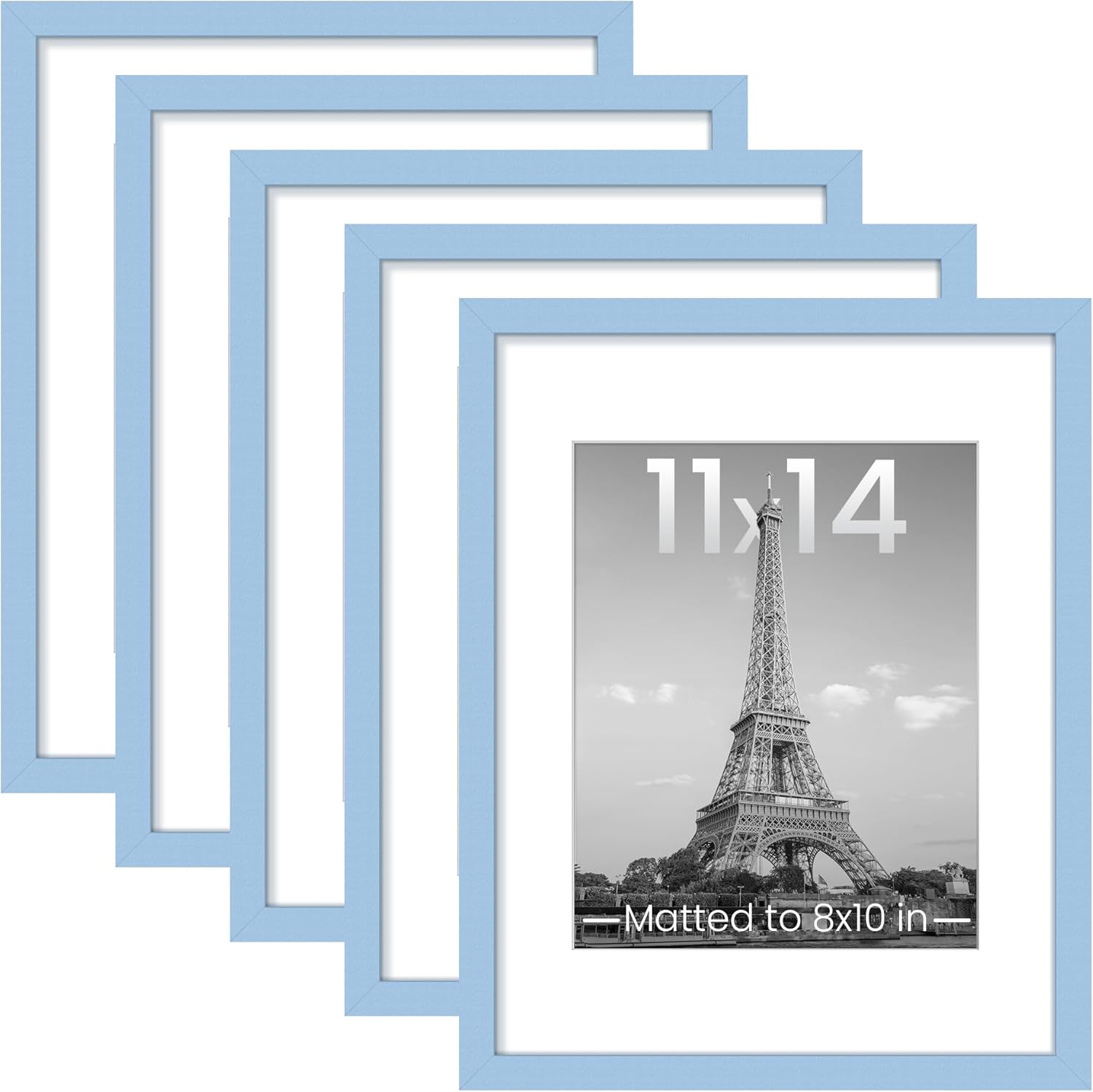 Upsimples 11x14 Picture Frame Set of 5 - Display 8x10 Photos with Mat or 11x14 Without - Blue