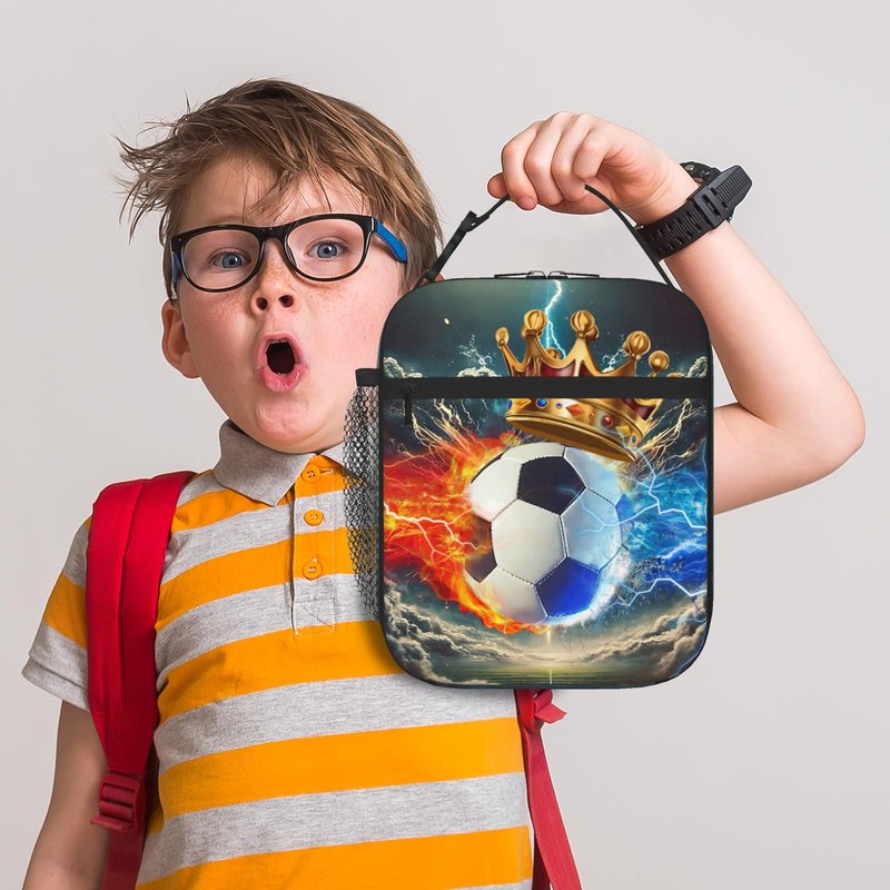 Quelindra Soccer Lunch Box，Water And Fire Crown Football Ball Lunch Bag，Sports-Themed Lunch Bag For Kids Teens Boys Girls, Insulated Cooler Waterproof Reusable Lunch Bags,Tote Bag With Double Zippers