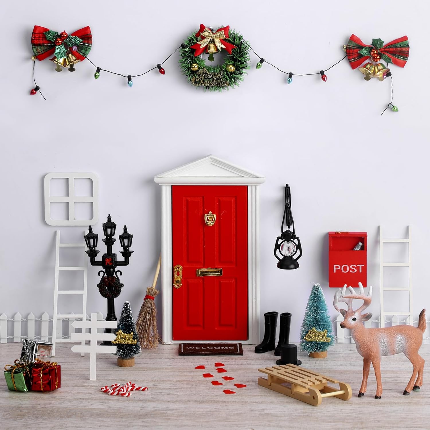Shappy Christmas Elf Fairy Doors - 39 Pcs Enchanted Wooden Miniature Outdoor Decor | Red