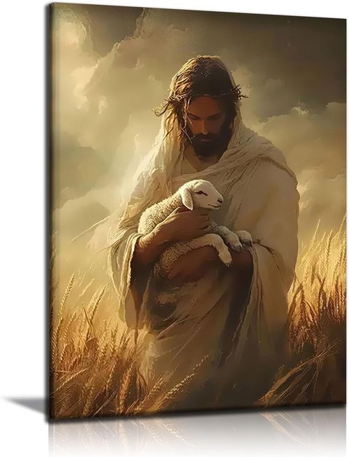 Jesus Holding Lamb Framed Canvas Wall Art - Christian Good Shepherd Painting for Home & Church | 12x16 Inch Ready to Hang