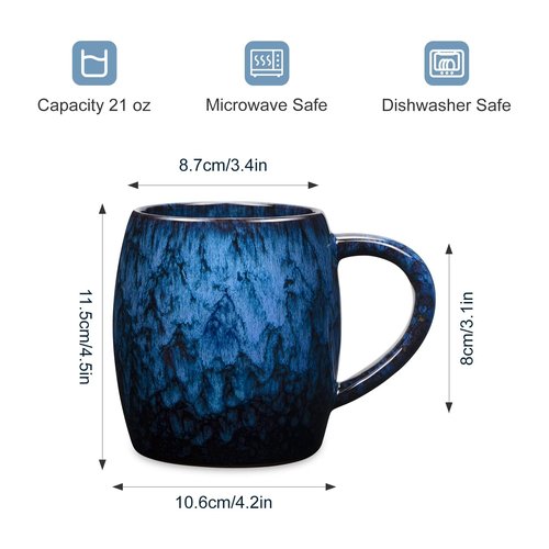 21 Oz Large Ceramic Coffee Mug, 600ml Handmade Pottery Big Tea Cup for Office and Home, Microwave and Dishwasher Safe, Unique Texture Glaze Mugs for Milk Cocoa Hot and Cold Drinking (Deep Blue)