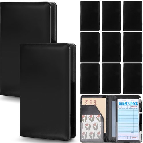 Tenceur 12 Pcs Black Server Books for Waitress PU Leather Waiter Book with Zipper Pocket Wallet Restaurant Guest Check Presenters Card Holder Fit Server Apron for Waitress Waiter Bartender