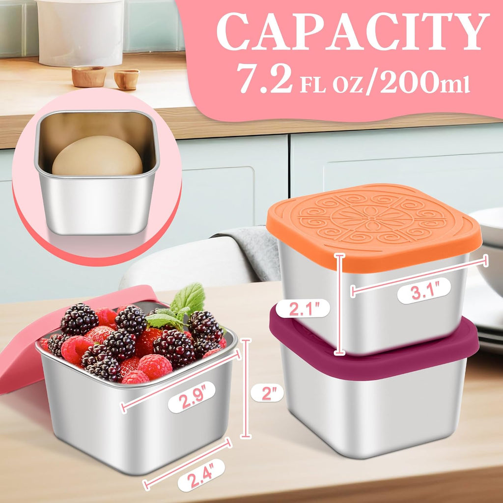 Qukaka Stainless Steel Snack Containers - Leak Proof & Easy Open - 7.2oz Reusable Lunch Box | 3-Pack