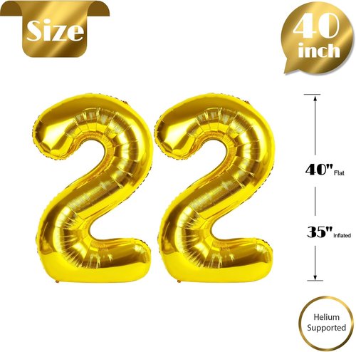 Gold Number 22 Balloon - 40 Inch 22nd Birthday Decoration for Men & Women | Golden Party Supplies