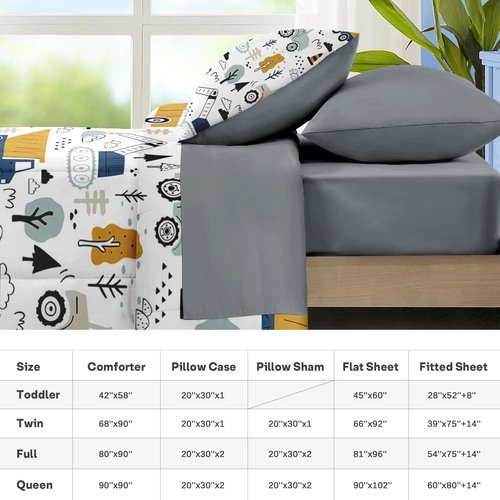 Nesker 5 Pcs Comforter Set Twin Size, Cute Cars Truck Tractor Bedding for Kids Teen, Cargo Crane Bulldozer Excavator Bed Sheet with Pillowcase & Sham