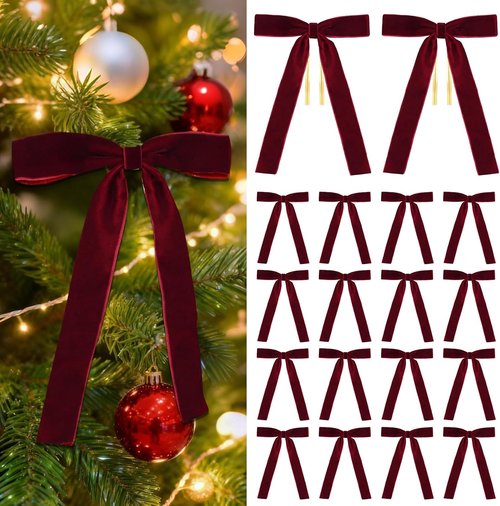 Burgundy Velvet Bows by 18 Pcs | Elegant Christmas Tree Decorations - 5" x 7", 1" Wide