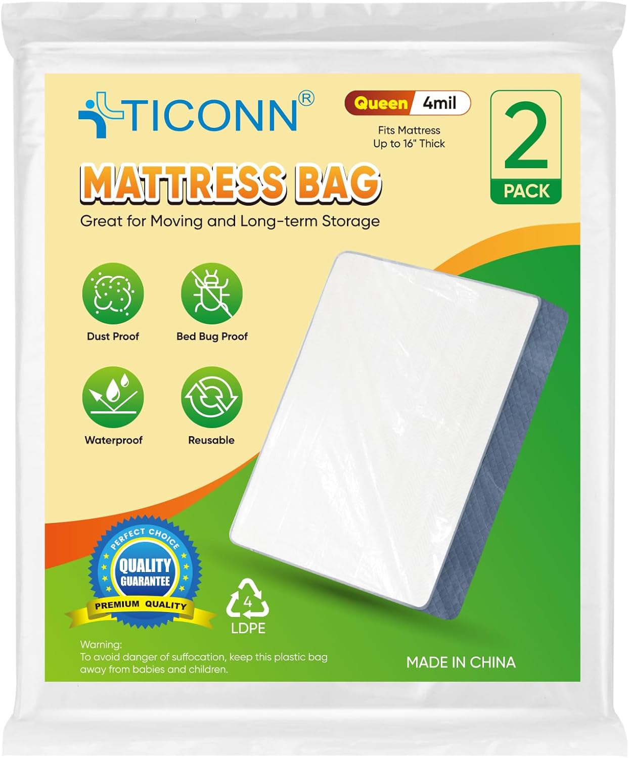 TICONN Waterproof Mattress Bag - Heavy-Duty Moving Storage Cover | 2-Pack, Queen Size (4 Mil)