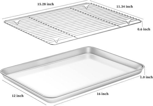 Deedro Baking Sheet Set - Stainless Steel Cookie Pans with Cooling Racks | 2 Sheets & 2 Racks, 16 x 12 x 1 Inch